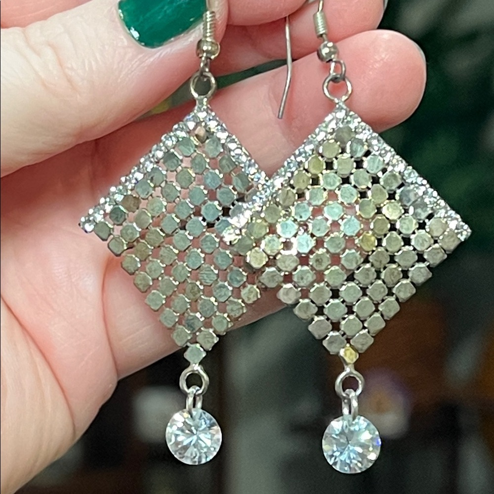 Cache Silver Tone Metal Mesh Rhinestone Crystal Dangle Earrings